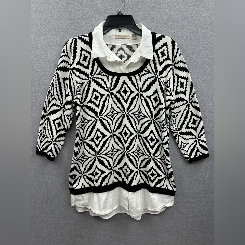Roz & Ali Top Womens XL Black White Geometric 3/4 Sleeve Layered Blouse Overlay‎